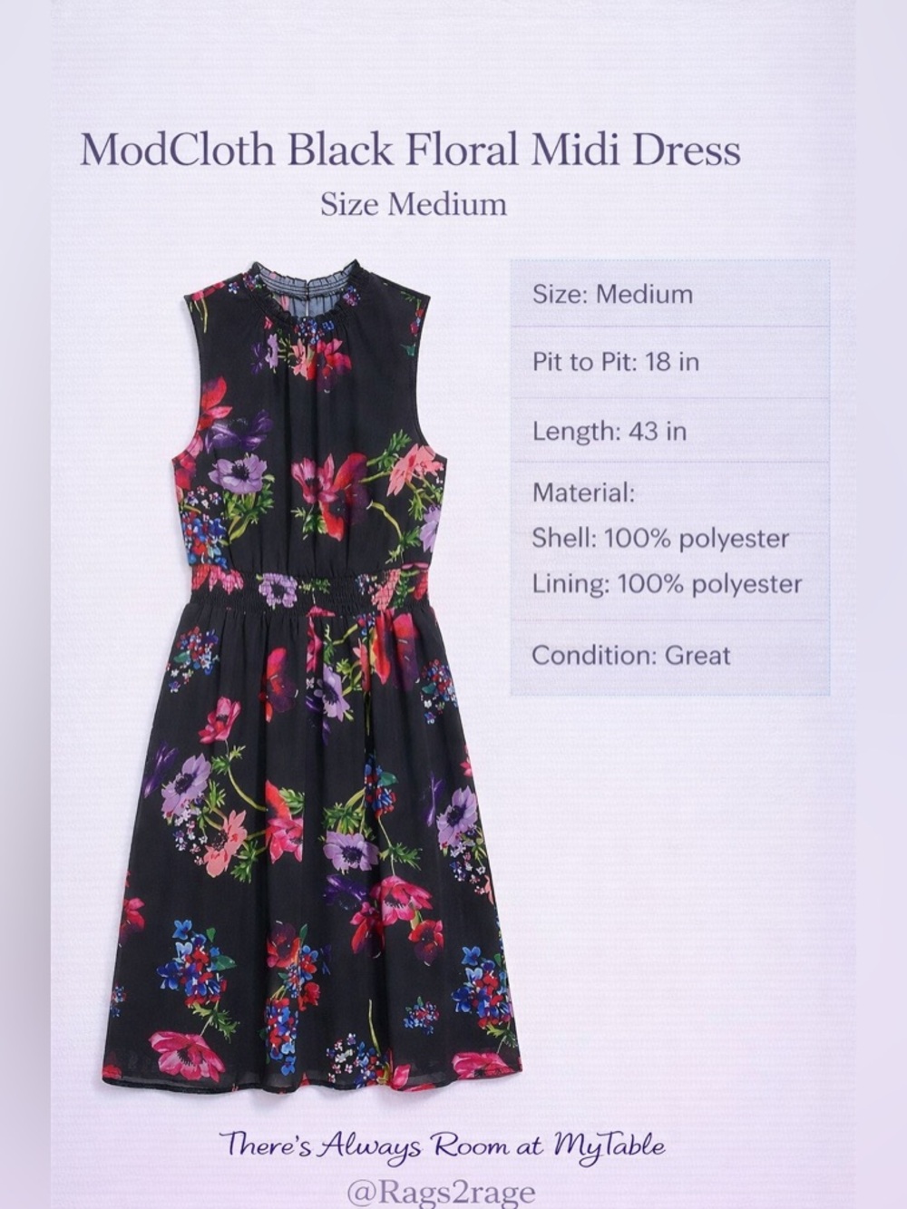 ModCloth Floral Fit & Flare Midi Dress Black Sleeveless Pockets Medium - Picture 3 of 9